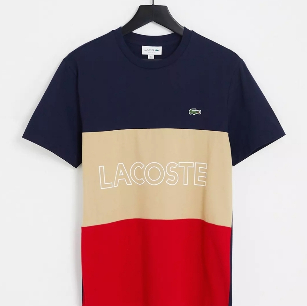 LACOSTE Men's 3D Lettered Colorblock Cotton T-Shirt-Size XL Regular Fit-Red-Blue